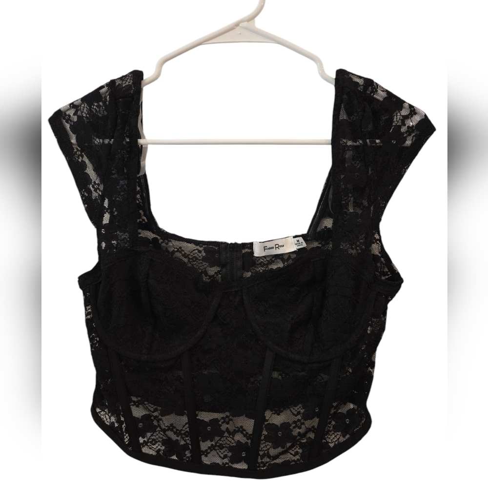 FADED ROSE LACE FLORAL BUSTIER CORSET TOP. SIZE MEDIUM (BLACK).